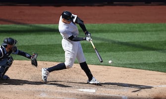 1310325908 NEW YORK, NEW YORK - APRIL 01: Aaron Judge #99 of the New York Yankees hits into a bases loaded, inning ending double play in the seventh inning against the Toronto Blue Jays during Opening Day at Yankee Stadium on April 01, 2021 in New York City. (Photo by Al Bello/Getty Images)