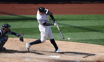 NEW YORK, NEW YORK - APRIL 01:  Aaron Judge #99 of the New York Yankees hits into a bases loaded, inning ending double play in the seventh inning against the Toronto Blue Jays during Opening Day at Yankee Stadium on April 01, 2021 in New York City. (Photo by Al Bello/Getty Images)