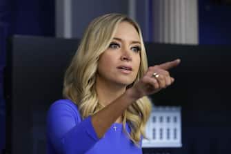 1228827355 Kayleigh McEnany, White House press secretary, speaks during a news conference in the James S. Brady Press Briefing Room at the White House in Washington, D.C., U.S., on Thursday, Oct. 1, 2020. The mayors of two Wisconsin cities are asking President Donald Trump to reconsider plans for rallies this weekend as Covid-19 hammers the Midwestern swing state. Photographer: Yuri Gripas/Abaca/Bloomberg via Getty Images