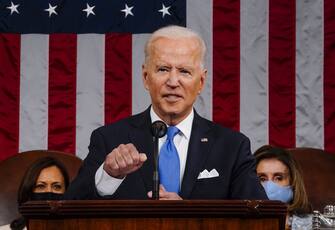 U.S. President Joe Biden speaks during a joint session of Congress at the U.S. Capitol in Washington, D.C., U.S., on Wednesday, April 28, 2021. Biden will unveil a sweeping $1.8 trillion plan to expand educational opportunities and child care for families, funded in part by the largest tax increases on wealthy Americans in decades, the centerpiece of his first address to a joint session of Congress tonight. Photographer: Melina Mara/The Washington Post/Bloomberg via Getty Images