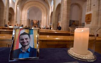 An image of Antonio Megalizzi, the Italian reporter killed in Strasbourg, at the curch 'Cristo Re' in Trento, Italy, 19 December 2018. Five other people died and several others were injured in a terror attack shooting on 11 December at a Christmas Market in Strasbourg, France. 
ANSA/ DANIEL DAL ZENNARO