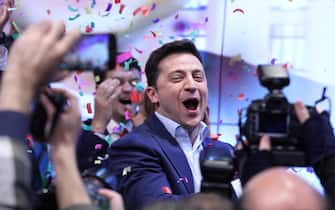 Ukrainian comedian and presidential candidate Volodymyr Zelenskiy smiles after the second round of presidential elections in Kiev, Ukraine, Sunday, April 21, 2019. Ukrainians voted on Sunday in a presidential runoff as the nation's incumbent leader struggles to fend off a strong challenge by a comedian who denounces corruption and plays the role of president in a TV sitcom. (Photo by Danil Shamkin/NurPhoto via Getty Images)