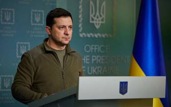 KYIV, UKRAINE - FEBRUARY 25: (EDITORIAL USE ONLY  MANDATORY CREDIT - "PRESIDENCY OF UKRAINE/ HANDOUT" - NO MARKETING, NO ADVERTISING CAMPAIGNS - DISTRIBUTED AS A SERVICE TO CLIENTS)  Ukraine's President Volodymyr Zelenskyy holds a press conference on Russia's military operation in Ukraine, on February 25, 2022 in Kyiv. (Photo by Presidency of Ukraine/Handout/Anadolu Agency via Getty Images)
