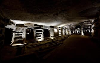 Presetazione a Napoli della sponsorizzazione da parte di Parmacotto per il restauro di alcuni affreschi presenti nelle  Catacombe di San Gennaro, 29 novembre 2017.
ANSA / CIRO FUSCO