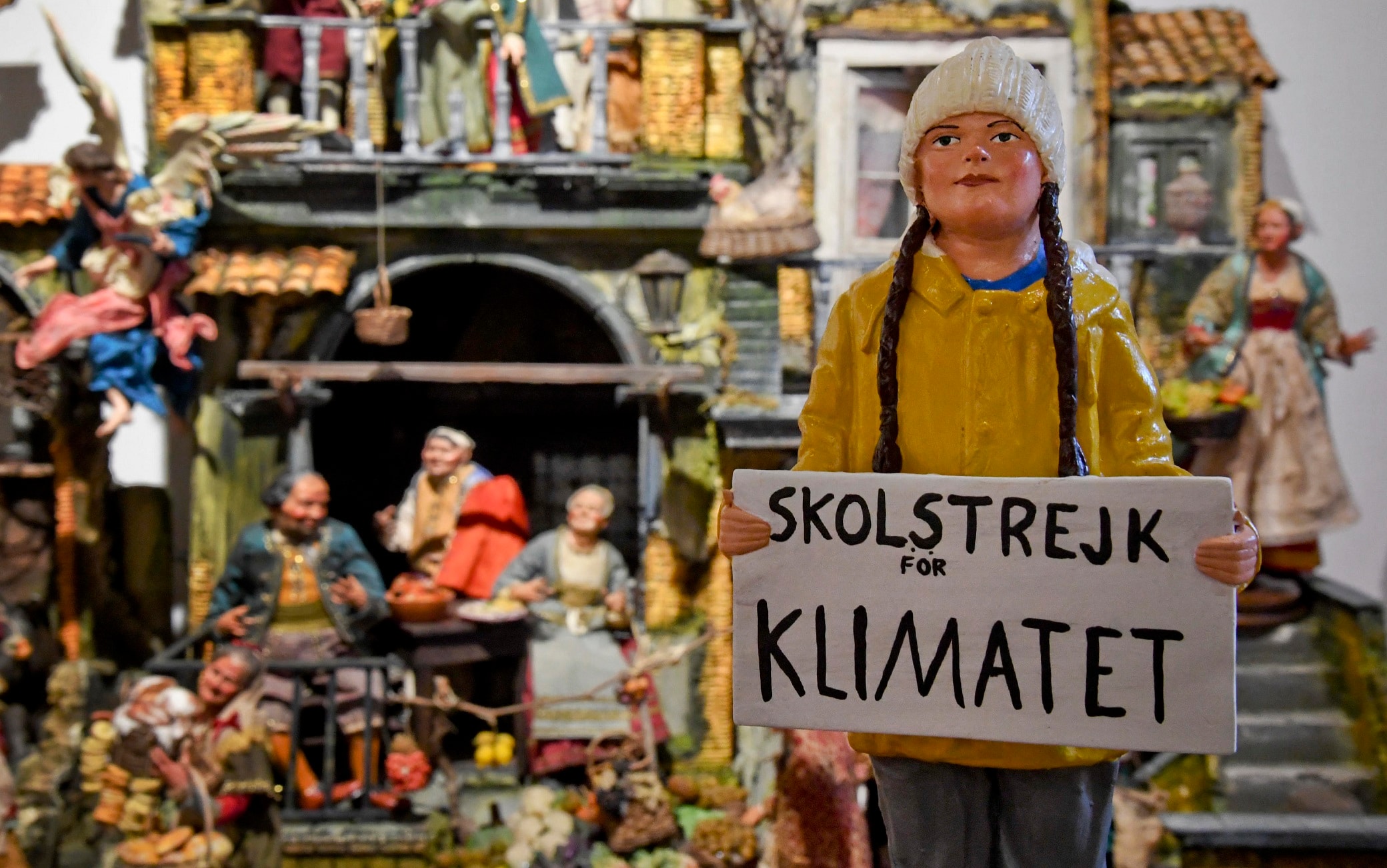 Small terracotta figurine depicting Swedish climate activist Greta Thunberg is on display in the workshop of pastoral master craftsmen of San Gregorio Armeno in Naples, southern Italy, 10 December 2021. The crib willl be set up for Christmas festivities. ANSA
