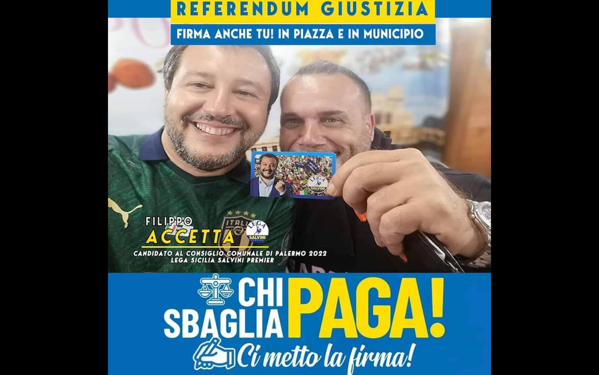 Una locandina elettorale di Filippo Accetta con il leader della Lega Matteo  Salvini.
ANSA