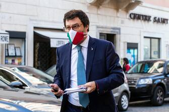 Il segretario della Lega Matteo Salvini arriva al Senato per la seduta in cui si voterà la sfiducia al ministro della Giustizia Alfonso Boanfede, Roma, 20 maggio 2020. ANSA/ANGELO CARCONI