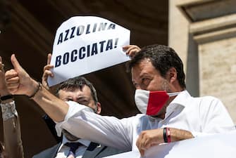 Federal Secretary of Italian party 'Lega' Matteo Salvini at a rally to protest against ministry guidelines in view of the reopening of schools organized in front of the Ministry of Education in Rome, Italy, 25 June 2020
ANSA / MASSIMO PERCOSSI
