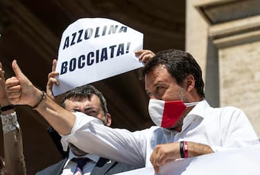 Federal Secretary of Italian party 'Lega' Matteo Salvini at a rally to protest against ministry guidelines in view of the reopening of schools organized  in front of the Ministry of Education in Rome, Italy, 25 June 2020
ANSA / MASSIMO PERCOSSI
