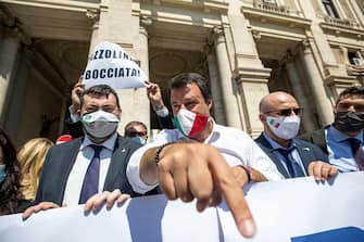 Federal Secretary of Italian party 'Lega' Matteo Salvini at a rally to protest against ministry guidelines in view of the reopening of schools organized  in front of the Ministry of Education in Rome, Italy, 25 June 2020
ANSA / MASSIMO PERCOSSI