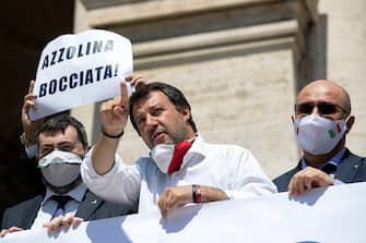 Federal Secretary of Italian party 'Lega' Matteo Salvini at a rally to protest against ministry guidelines in view of the reopening of schools organized  in front of the Ministry of Education in Rome, Italy, 25 June 2020
ANSA / MASSIMO PERCOSSI