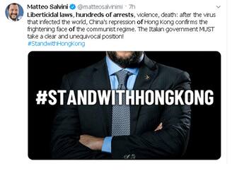 Un post tratto dal profilo Twitter di Matteo Salvini con l'ashtag #standwiyhhongkong  TWITTER MATTEO SALVINI +++ATTENZIONE LA FOTO NON PUO' ESSERE PUBBLICATA O RIPRODOTTA SENZA L'AUTORIZZAZIONE DELLA FONTE DI ORIGINE CUI SI RINVIA+++Salvini