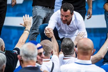 Leader of League party, Matteo Salvini, attends  Together for the Italy of work , the demonstration against the government staged by Italy's three centre-right parties, the League, Brothers of Italy (FdI) and Forza Italia (FI) in Piazza del Popolo, Rome, Italy, 04 July 2020.
ANSA/ ANGELO CARCONI