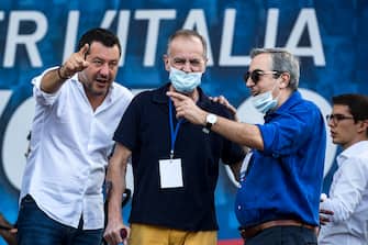 Leader of League party, Matteo Salvini (L), attends Together for the Italy of work, the demonstration against the government staged by Italy's three centre-right parties, the League, Brothers of Italy (FdI) and Forza Italia (FI) in Piazza del Popolo, Rome, Italy, 04 July 2020. ANSA/ ANGELO CARCONI