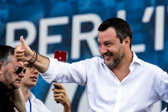 Leader of League party, Matteo Salvini, attends 'Together for the Italy of work', the demonstration against the government staged by Italy's three centre-right parties, the League, Brothers of Italy (FdI) and Forza Italia (FI) in Piazza del Popolo, Rome, Italy, 04 July 2020. ANSA/ ANGELO CARCONI