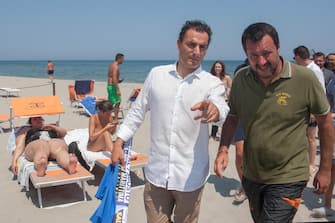 Il ministro dell'Interno Matteo Salvini partecipa alla presentazione della Festa della Lega Romagna a Milano Marittima, nel Ravennate, 1 agosto 2018. ANSA/PASQUALE BOVE