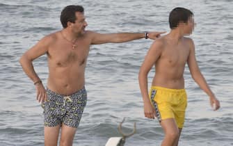 Matteo Salvini a Milano Marittima (Ravenna), 30 luglio 2020. Il leader della Lega è arrivato nel tardo pomeriggio al Papeete Beach dopo che il Senato ha autorizzato il processo all'ex ministro ldell'Interno perla vicenda Open Arms. ANSA/FILIPPO VENEZIA