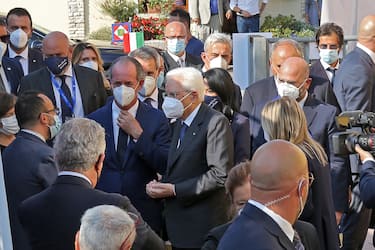 Italian Republic Sergio Mattarella with Italian Minister for Education, Lucia Azzolina, at the 'Guido Negri' primary school in Vo' Euganeo, the municipality that recorded the first death from Coronavirus Covid-19 on 21 February that was the first in the Veneto Region to enter in the lockdown, on the occasion of the initiatives for the opening of the 2020-2021 school year, Italy, 14 September 2020.
ANSA/NICOLA FOSSELLA