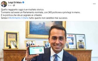 "Quello raggiunto oggi è un risultato storico. Torniamo ad avere un Parlamento normale, con 345 poltrone e privilegi in meno. È la politica che dà un segnale ai cittadini. Senza il MoVimento 5 Stelle tutto questo non sarebbe mai successo". Lo scrive su Fb il ministro degli Esteri Luigi Di
Maio. +++ FACEBOOK/DI MAIO +++