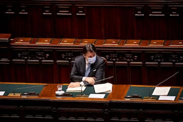 ROME, ITALY - JULY 01: Prime Minister Giuseppe Conte wearing a protective mask answers deputies questions during the weekly question time session at the Camera dei Deputati (Chamber of Deputies) on July 1, 2020 in Rome, Italy. The Prime Minister Giuseppe Conte answers the traditional question time at the Chamber of Deputies on issues of internal politics, ESM (European Stability Mechanism) and post Covid-19 (Coronavirus) measures. (Photo by Antonio Masiello/Getty Images)