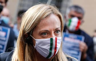 President of Fratelli d'Italia party (FdI) Giorgia Meloni during demonstrate against the measures implemented to stop the spread of the coronavirus pandemic in front Italian Ministry of Culture,