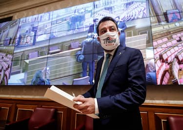 Lega party's leader Matteo Salvini, wearing a face mask reading the inscription "Trump 2020", attends a press conference on proposals for the fight against Covid-19 which took place in the Nassiriya hall of the Senate, Rome, 3 November 2020 . ANSA/GIUSEPPE LAMI