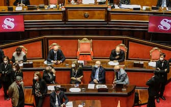 I banchi del Governo durante le dichiarazioni di voto prima della fiducia sul decreto sicurezza e immigrazione, Senato, Roma 18 dicembre 2020. ANSA/FABIO FRUSTACI