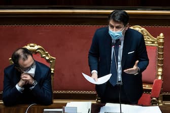Giuseppe Conte during a debate in the Senate in Rome, Italy, 19 January 2021. Following the resignation of two ministers in Italian Prime Minister Conte's coalition government over a dispute on spending of EU funds during the pandemic, the Italian government is on the verge of another crisis. ANSA/FRANCESCO FOTIA /POOL /AGF-FOTO.IT