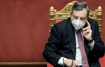 ROME, ITALY - FEBRUARY 17: Italy's Prime Minister Mario Draghi attends a political discussion prior to a confidence vote at the Italian Senate, on February 17, 2021 in Rome, Italy. The new President of the Italian Council, Mario Draghi, will present his political priorities to the Senate before a vote of confidence on the government formed by the former head of the European Central Bank is held in the upper house of parliament. (Photo by Alessandra Benedetti - Corbis/Corbis via Getty Images)