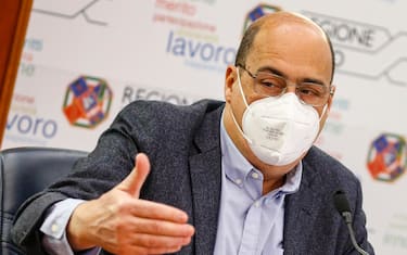 Il presidente della regione Lazio, Nicola Zingaretti, durante la presentazione del piano   Un ponte per il lavoro  , politiche attive del lavoro investimenti e misure per favorire l occupazione nel Lazio,  Roma 4 marzo 2021. ANSA/FABIO FRUSTACI