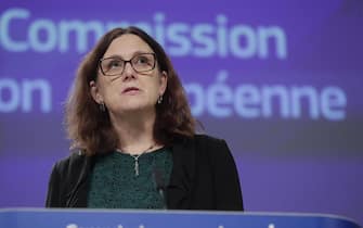 epa07919761 European Commissioner for Trade Cecilia Malmstrom gives a press conference on the EU Free Trade agreement implementation report in Brussels, Belgium, 14 October 2019. Malmstrom also commented on the World Trade Organisation's decision to formally authorise the US to impose tariffs of 7.5 billion US dollars on European exports per year to  retaliate aginast illegal EU government aid to Airbus.  EPA/OLIVIER HOSLET