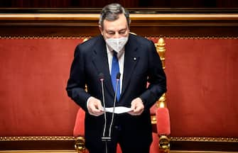 Italian Prime Minister Mario Draghi delivers a speech at the Senate ahead of the upcoming European Council meeting, Rome, Italy, 24 March 2021. ANSA/RICCARDO ANTIMIANI