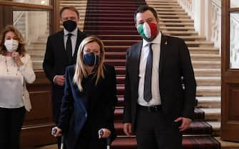 epa08973288 President of the Brothers of Italy party (Fratelli d'Italia, FdI) Giorgia Meloni (L), and Italian Lega party leader Matteo Salvini (R), leave after a meeting with Italian President Sergio Mattarella at the Quirinale Palace for the first round of formal political consultations following the resignation of Prime Minister Giuseppe Conte, in Rome, Italy, 29 January 2021.  EPA/ETTORE FERRARI / POOL