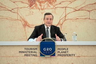 In a handout photo made available by Chigi's Palace press office shows Italian Prime Minister Mario Draghi during a press conference after the G20 interministerial meeting on tourism, Rome, Italy, 04 May 2021. ANSA/ CHIGI PALACE PRESS OFFICE/ FILIPPO ATTILI +++ ANSA PROVIDES ACCESS TO THIS HANDOUT PHOTO TO BE USED SOLELY TO ILLUSTRATE NEWS REPORTING OR COMMENTARY ON THE FACTS OR EVENTS DEPICTED IN THIS IMAGE; NO ARCHIVING; NO LICENSING +++