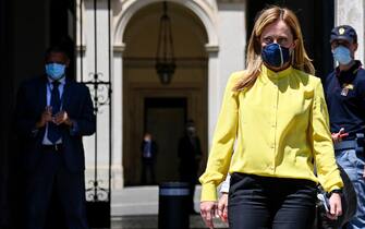 La leader di Fratelli d'Italia Giorgia Meloni a margine dell'incontro con il premier Mario Draghi a Palazzo Chigi, Roma, 3 giugno 2021. ANSA/RICCARDO ANTIMIANI