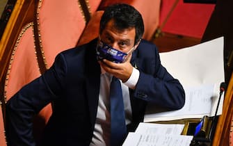 Il leader della Lega Matteo Salvini durante la discussione in Senato sul ddl Zan, Roma, 13 luglio 2021. ANSA/RICCARDO ANTIMIANI