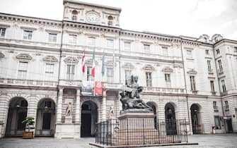 Turin, Italy, April 2020: The facade of Palazzo di CittÃ , head office of the Municipality of Torino during the Covid-19 pandemic lockdown period (Photo by Alessandro Bosio/Pacific Press/Sipa USA)