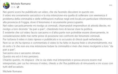 Comunali Cerignola, scuse Michele Romano dopo video rivolto a mafiosi
