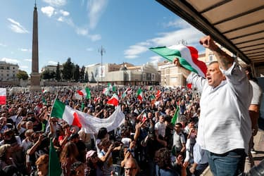 The leader of ultra-right wing movement AREA, Giuliano Castellino, during a protest against the Green Pass in Popolo square, Rome, Italy, 09 October 2021. ANSA/GIUSEPPE LAMI