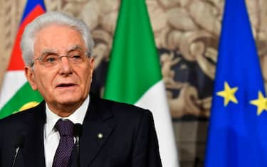 Italy's President Sergio Mattarella addresses journalists after a meeting with Italy's prime ministerial candidate Giuseppe Conte on May 27, 2018 at the Quirinale presidential palace in Rome. Italy's prime ministerial candidate Giuseppe Conte gave up his mandate to form a government after talks with the president over his cabinet collapsed. - "I have given up my mandate to form the government of change. I thank the president of the republic for having given me the mandate on May 23. I thank the two political forces Luigi Di Miao for the Five Star and Matteo Salvini from the League for having put me up as a candidate," said Conte to reporters after leaving a failed summit with president Sergio Mattarella today. (Photo by Vincenzo PINTO / AFP) (Photo by VINCENZO PINTO/AFP via Getty Images)