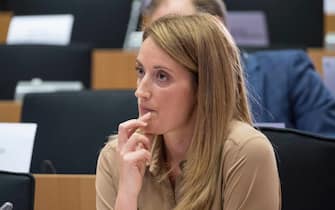 BRUSSELS, BELGIUM - OCTOBER 3, 2019: Maltese MEP (Group of the European People's Party (Christian Democrats) - Partit Nazzjonalista) Roberta Metsola Tedesco Triccas is listening to the European Commissioner-designate for Democracy and Demography Dubravka Suica while she is answering questions during his hearing at the European Parliament on October 3, 2019, in Brussels, Belgium. The European Union is in the process of reviewing a team of European Commissioners for incoming President of the European Commission Ursula von der Leyen, who is due to take office on November 01. (Photo by Thierry Monasse/Getty Images)