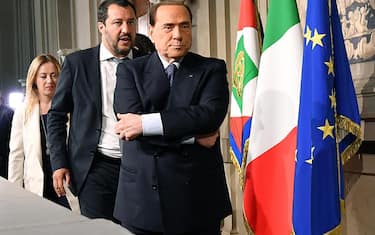 Leader of Lega party Matteo Salvini (C) with President of 'Fratelli d'Italia' party Giorgia Meloni (L) and leader of Forza Italia party Silvio Berlusconi (R) leave after a meeting with Italian President Sergio Mattarella at the Quirinal Palace for the third round of formal political consultations following the general elections, in Rome, Italy, 07 May 2018. Italian President Sergio Mattarella is holding a round of formal political consultations following the 04 March general election in order to make a decision on to whom to give a mandate to form a new government.   ANSA/ETTORE FERRARI