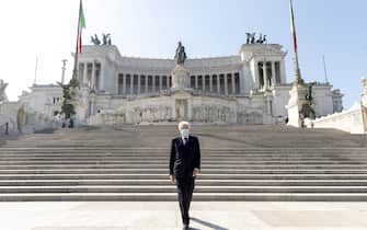 Italian president Sergio Mattarella wearing face mask attends a ceremony at the Vittoriano National Monument on April 25, 2020 in Rome, Italy on the 75th anniversary of the Liberation Day, which marks the fall of Nazi occupation in 1945, during the country's lockdown aimed at curbing the spread of the COVID-19 infection, caused by the novel coronavirus. Photo by ABACAPRESS.COM