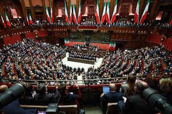 A momento of the Oath of the President of the Republic Sergio Mattarella at the Chamber of Deputies, Rome, 3 February 2022. 
ANSA/ROBERTO MONALDO/POOL/LAPRESSE