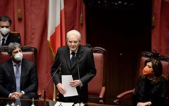 Italian re-elected 13th president Sergio Mattarella swears in, in front of senators and MPs and next to President of the Italian Chamber of Deputies, Roberto Fico (L) and President of the Italian Senate, Maria Elisabetta Alberti Casellati (R) at the parliament in Rome's Montecitorio palace on January 3, 2022. - After Italy's bickering political parties failed to agree on a candidate for his successor, and the threat of snap elections reared its head, Mattarella finally agreed for a second term on January 29. (Photo by Filippo MONTEFORTE / AFP) (Photo by FILIPPO MONTEFORTE/AFP via Getty Images)