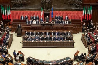 A moment of the oath of the President of the Republic Sergio Mattarella at the Chamber of Deputies, Rome, 3 February 2022. 
ANSA/FRANCESCO AMMENDOLA/US QUIRINALE +++ NO SALES, EDITORIAL USE ONLY +++