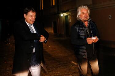 Co-founder of Five-Star movement (M5S) Beppe Grillo with leader of M5S, Giuseppe Conte (L), leave the Amato notary office after their meeting in Rome, Italy. 10 February 2022.
ANSA/FABIO FRUSTACI