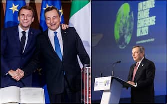 A sinistra Mario Draghi ed Emmanuel Macron, a destra Draghi alla COP26 di Glasgow