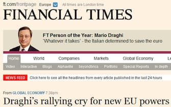 La pagina web del Financial Times, 13 dicembre 2012. E' Mario Draghi, ex governatore della Banca d'Italia e attuale numero uno della Banca Centrale Europea (Bce), l'uomo dell'anno 2012 secondo il prestigioso quotidiano finanziario britannico Financial Times. Il giornale lo 'incorona' indicandolo come "l'italiano determinato che ha salvato l'euro".
ANSA/INTERNET/FINANCIAL TIMES
+++EDITORIAL USE ONLY - NO SALES+++