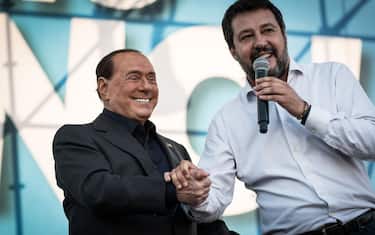From left, Silvio Berlusconi, and Matteo Salvini addresse a rally in Rome, Saturday, Oct. 19, 2019. Thousands of protesters are gathering in Rome for a so-called &quot;Italian Pride&quot; rally, which brings together the right-wing League of Salvini, the far-right Brothers of Italy of Giorgia Meloni and former premier Silvio Berlusconi's Forza Italia. on October 19, 2019 in Rome, Italy. (Photo by Andrea Ronchini/NurPhoto via Getty Images)
